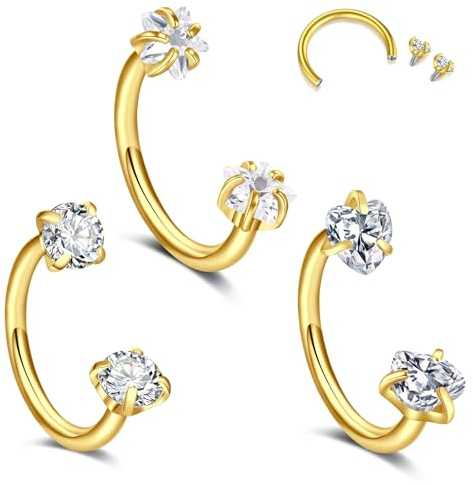Crdifu 18G Internally Threaded Horseshoe Nose Ring, 8mm Gold Horseshoe Ring Hoop Helix Tragus Piercing Jewellery, 1mm Thin Conch Rook Earring Stainless Steel Septum Ring 3mm CZ
