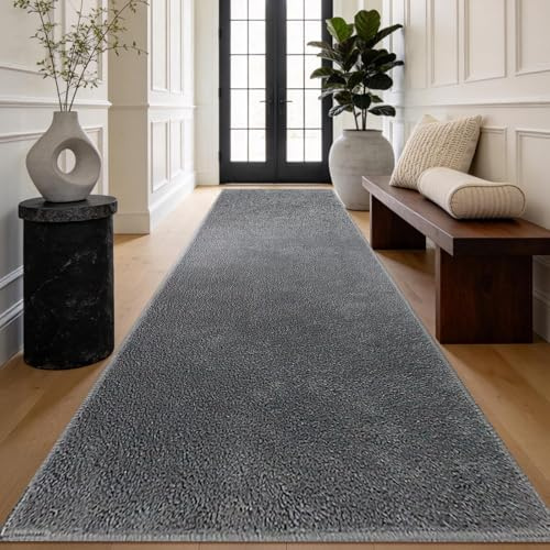 HiChiclife Flacher Kurzflor Teppich Grau 80x300 (ca. 0,5 cm) – Waschbar & rutschfest mit TPE – Leicht, weich & ideal für Saugroboter & Alltag