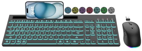Tastiera wireless e mouse combinata, 7 effetti retroilluminati, lettere illuminate, ricaricabile, supporto per telefono, mouse a 6 pulsanti, angolo di inclinazione ergonomico, mouse USB silenzioso da