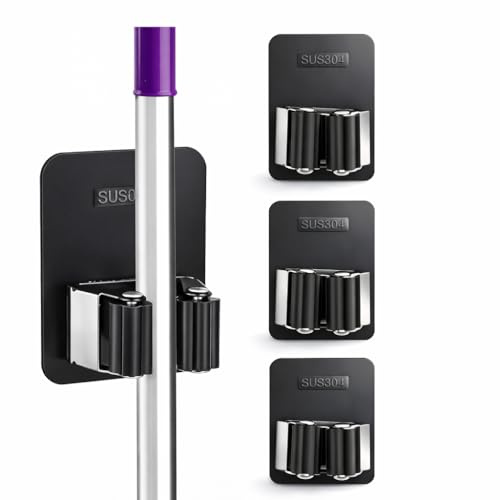 PaYuanRaoTi 4PCS Sans Percage Porte Balais Mural, En Acier Inoxydable Pour Rangement Balai Domestique, Porte Balais Mural Auto Adhésif Comme Support Balais Mural Pour Cuisine Salle De Bain Garage