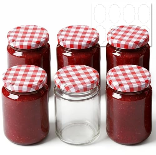 ComSaf 500ml Einmachgläser mit rot-weiß kariertem Schraubdeckel, 6er-Set | Runde Marmeladengläser, Luftdichte Schraubgläser, Deckel & Etiketten, Selbstgemachte Marmelade, Pickles, Joghurt