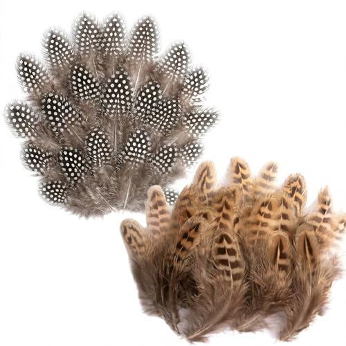 MYZWEL 100 Stück Federn zum Basteln Natur, Perlhuhnfedern & Gelbe Hühnerfedern (4-10cm), Bastelfedern Set für DIY Deko Ostern, Traumfänger, Masken, Schmuckherstellung & Kunsthandwerk