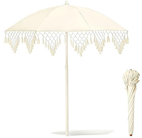 Boho parasoll med fransar, bärbar, vattentät, för strand och terrass, 8 stabila fjäderben, solskydd, utan stativ