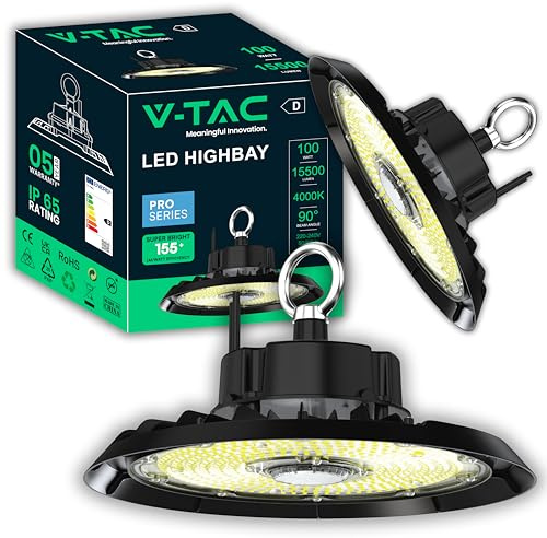 V-TAC 2x Fari Industriali Led UFO potenza 100W - [PRO SERIES - MASSIMA EFFICIENZA ] - Lampada Faro Industriale 15500 lm per Magazzino, Fabbrica, Officina - IP65 - Campana - Luce Naturale 4000K