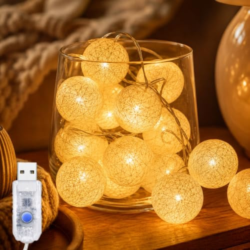 ALEGRE® USB Lichterkette Baumwollkugeln mit Timer,1,5M 10 LED Kugeln Lichterkette mit Stecker, Cotton Ball Lichterketten Innen,Warmweiß Globe Lichterketten für Kinderzimmer,Hochzeit,Weihnachten Deko