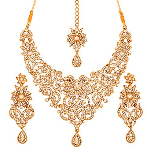 Touchstone Look royal traditionnel attrayant en filigrane sculpture rhin blanc grand mariée designer bijoux collier ensemble pour femme Or
