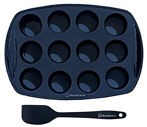 Backhaus FlexBake Molde de Silicona para Mini Muffins – 12 Cavidades + Espátula – Antiadherente, Sin BPA, Silicona Platino – Ideal Cupcakes y Bocaditos – Apto Horno y Lavavajillas – Negro