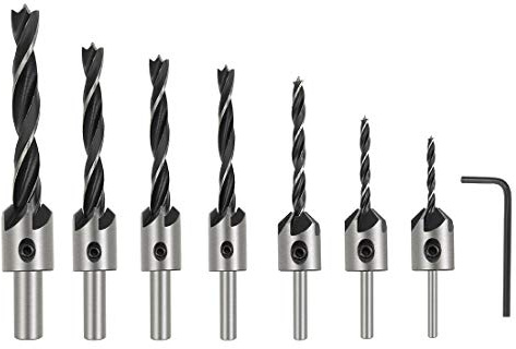 Utoolmart Juego de brocas avellanadas 7 en 1, 3 mm, 4 mm, 5 mm, 6 mm, 7 mm, 8 mm, 10 mm, broca de cambio rápido con una llave hexagonal, escariador de carpintería ajustable chapado para madera DIY