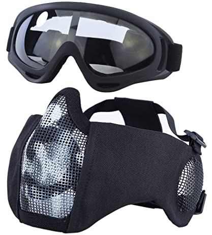 Yzpacc Airsoft Maske mit Brille, Faltbare Half Face Airsoft Mesh Maske mit Ohrenschutz für Paintball Schießen Cosplay CS Spiel