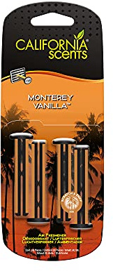 California Scents Ambientador de Coche en Bastones de Ventilación - Fragancia Duradera de Vainilla Monterey - 4 Unidades con Ajuste Personalizable del Aroma, Ideal para Cualquier Vehículo