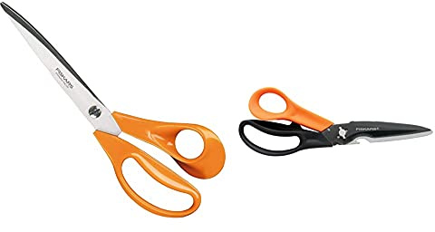 Fiskars Profi-Stoffschere, Länge: 25 cm, Für Rechtshänder, Rostfreie Stahl-Klinge/Kunststoff-Griffe, Orange & Mehrzweckschere mit trennbaren Klingen, Inklusive Schutzhülle, 23 cm, Schwarz/Orange