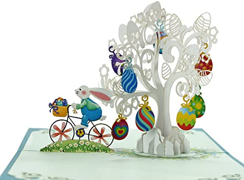 Biglietto pop-up 3D coniglietto pasquale in bicicletta. Celebrazione speciale di Pasqua, un delizioso biglietto di auguri pasquale a sorpresa per bambini, ragazzi, famiglia e amici. 15cmx15cm