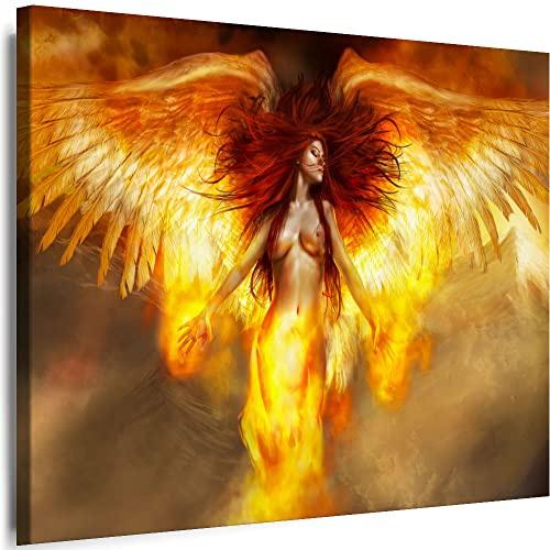 Myartstyle Bilder Erotik Frau Engel Feuer Leinwandbilder XXL - 1 Teilige Wandbilder Akt Sexy Girl Modern Kunstdrucke w-a (120 x 80 cm)