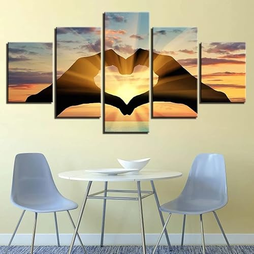 SUNYSUBY 5-teiliges Set Gemütlicher Sonnenaufgang Sonnenuntergang Hand Liebesform Schild Abstrakt Modern Groß Gerahmte Leinwand Wandkunst Ölgemälde Kunstwerk auf gespanntem Druck Gemälde Dekor Bild