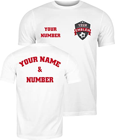 Männer T-Shirt Fußball Trikot mit Dem Emblem Ihres Lieblingsvereins Personalisierter Name und Nummer Individuelles T-Shirt Fahnenabzeichen (L Weiß Mehrfarben)