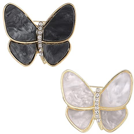 CAREOR 2 Stück Schmetterling Elegante Brosche Pin Kunstkristall Strass Kragen Sicherheitsgravur Metall Anstecknadel Schmuck für Frauen Mädchen Kleidung Accessoires Schwarz und Weiß, 1.57 x 1.18