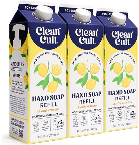 Cleancult Liquid Hand Soap Refills - Lemon Verbena - Moisturizes Dry & Sensitive Skin - Made with Aloe Vera & Essential Oils - Eco Friendly - Paper-Based Packaging - 32 oz/3 Pack