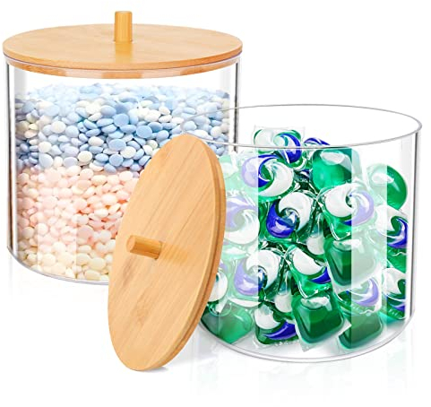 TCJJ 2 pezzi per detersivo per bucato, in plastica ad alta capacità, per riporre in polvere da bagno, con coperchio in bambù, perfetto per lavare baccelli, bombe da bagno, booster di profumo