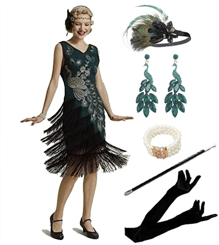 MIMIKRY 20er Jahre Flapper Pfau Damen Kostüm Grün Fransen-Kleid mit Pailletten und 5-tlg. Zubehör-Set, Größe:L