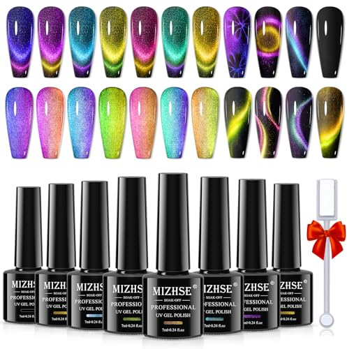 MIZHSE Cat Eye Magnet Gel Nagellack Set - 8 Farben, UV/LED mit Schwarze Basis & 1 Magnet