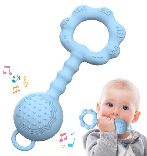 Teethers for Babies 6-12 Months, Rattles for Babies 0-6 Months, 2-in-1 Rattle and Teether Toy for Soothing Sore Gums and Keeps Little Ones Entertained, Food Grade Silicone, Blue