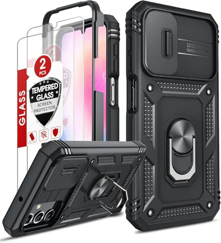 LeYi Kameraschutz Hülle für Samsung Galaxy A25 5G [2 Hartglas Schutzfolie], Hybrid Handyhülle Metall Ring Ständer Cover Case Kamera Schiebeabdeckung Schutzhülle Militär A 25 5 G Handy Hüllen Schwarz