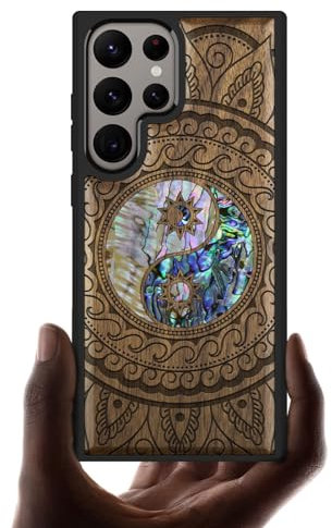 Carveit Designer Wooden Case for Samsung Galaxy S24 Ultra - Yin Yang Paisley-Walnut with Wood Engraving & Shell Inlay, Compatible with Wireless Chargers