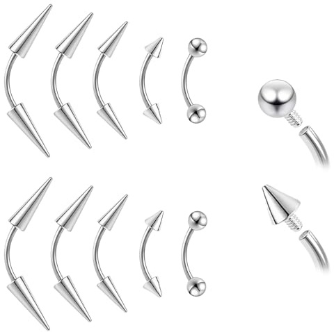 ZS Augenbrauen-Piercing-Schmuck, Innengewinde, gebogen, vertikal, Labret-Lippenringe, Spikes, Tragus, Helix, Ohrring, Nasenbrückenringe, 10 Stück, 16 G/18 G, 18g,L:10mm, Edelstahl, Kein Edelstein