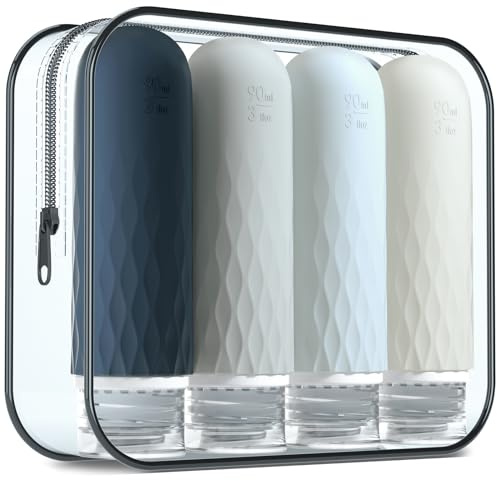 Gemice Flacons de Voyage en Silicone 90 ml, 4 Pack Flacons de Voyage à Remplir, Etanches, Flacons Cosmétiques à Remplir de Voyage, Récipient, Sans BPA, Approuvé par la FDA, Pour Remplir de Lotion