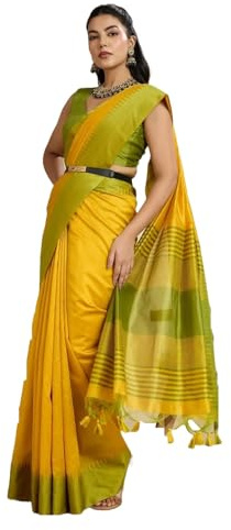 Laavaan Sari en soie de coton à carreaux pour femme avec chemisier non cousu, jaune soleil, taille unique
