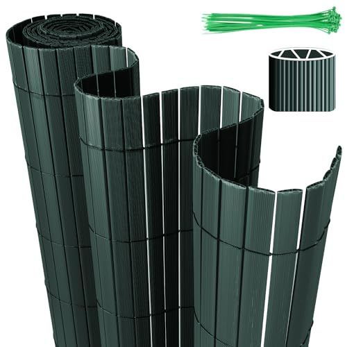 Eulenke PVC Sichtschutzmatte, 140 x 600cm Sichtschutzzaun mit Kabelbindern, Innen W-Struktur Verstärkte Lamellen, Windschutz Balkon sichtschutz für Zaun Garten Terrasse, Grün