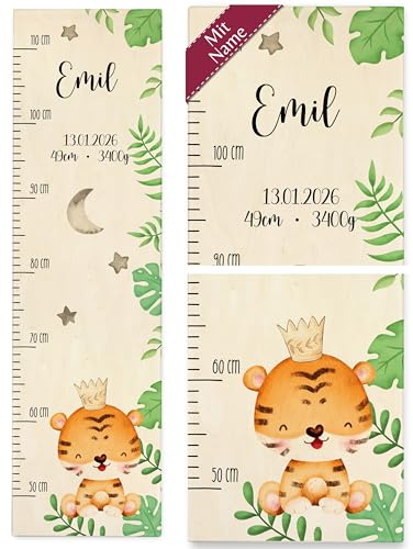 Messlatte Kind Holz - Süßer Tiger mit Name und Datum Tigerprint Tigerillustration Tigerlook Tigerdesign Niedlicher Tiger - 50-110 cm - Holz - kinder für