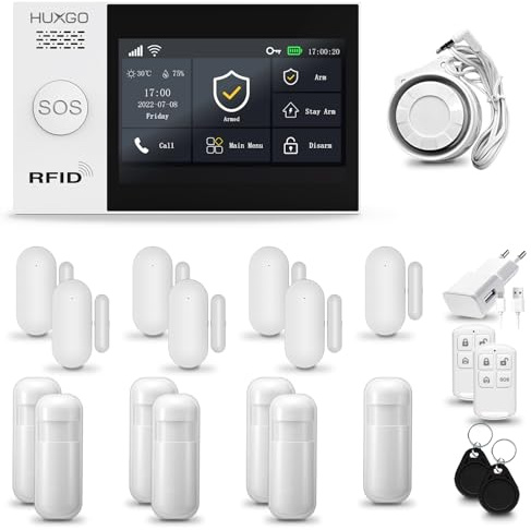 HUXGO® HXA007 Alarmanlage fürs Haus WiFi + GSM 4G Set mit Sirene | Funk Alarmanlage Wohnung mit App. TUYA |Alarm System mit 7X Bewegungssensor, 7X Fensteralarm/Türsensoren | Smart Home