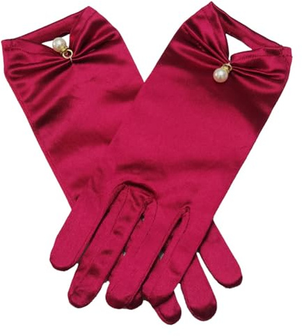 iSpchen Kurze Satin Handschuhe Perle Hochzeit Handschuhe Retro Kurze Handschuhe Bankett Kleid Handschuhe Elegant Brauthandschuhe für Hochzeits Opern und Abendessen,Weinrot