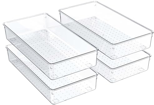 Kriovoa 4 Pack Kitchen Drawer Organiser, Large Clear Drawer Storage Tray with Non-Slip Pads, Plastic Drawer Dividers for Cosmetics, Tools, Kitchen, Bathroom, and Office.
