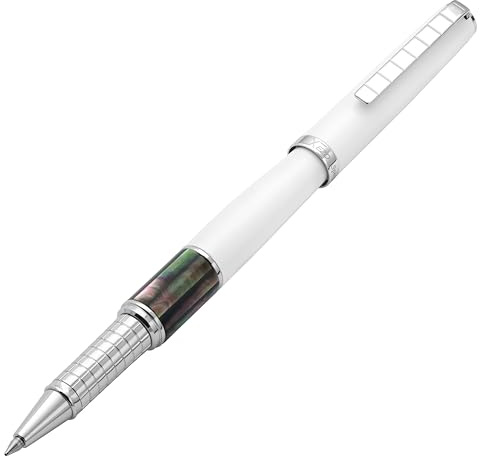 Xezo Speed Master Fine Rollerball Pen Matt Weiß mit tahitianischem schwarzem Perlmutt Verchromt Leichter Messingkörper Jedes Unikat