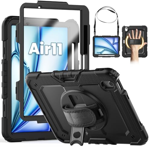 SEYMCY for iPad Air 11 Inch Case 2026/2025/2024 (M4/M3/M2) | Full-body Shockproof with Screen Protector, 360° Rotating Stand & Hand Strap, Shoulder Strap, Pencil Holder, Black