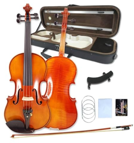 WUQIMUSC Violine 4/4 komplettes Set für Anfänger, Erwachsene, Studenten, gealtertes Fichtenahorn, Massivholz-Geide, Ebenholzbeschläge mit Hartschalenkoffer, Schulterstütze, Bogen, Stimmgerät, extra