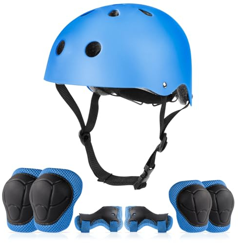 flintronic 7Pcs Casco y Protecciones Ajustable Infantiles Set, Conjuntos de Patinajes Niños Protecciones, Set Rodilleras Casco, Coderas y Muñequeras para Niños de 2 a 13 Años - S Azul