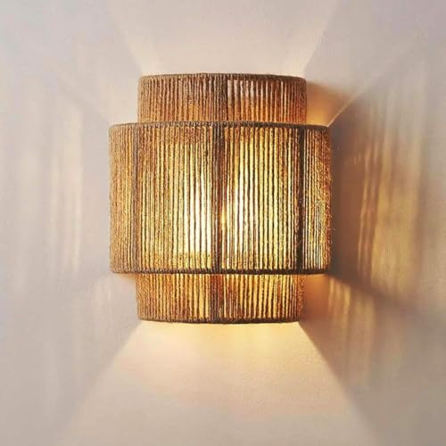 LOGT Innen Boho Wandleuchte Vintage Hanfseil Wandlampe Handgewebter Wandlicht aus Naturmaterial E27 Innen Dekoration Wandbeleuchtung Rattan Bambus für Wohnzimmer Schlafzimmer Heim Esszimmer
