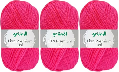 3x50 Gramm Gründl Lisa Premium Uni aus 100% Polyacryl inkl. Anleitung für Meerschwein (30 Neon Pink)