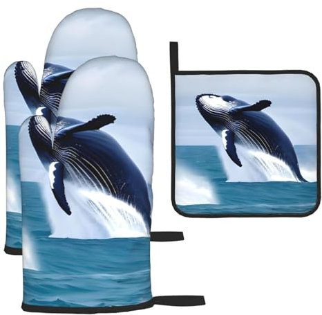YYHHAOFA Lot de 3 gants de cuisine imperméables et durables pour four et manique pour isolation thermique Motif baleines en mer