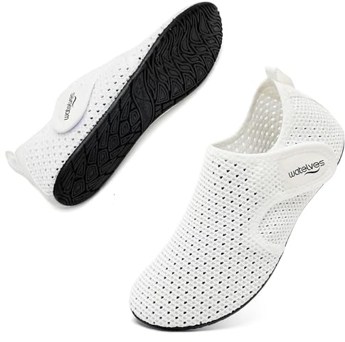 WateLves Water Shoes for Women Men Swim Beach Aqua Socks Quick Dry Barefoot House Slippers Travel Shoes with Adjustable Magic Tape for Pool Diving Boating Yoga Surf(White,36/37)