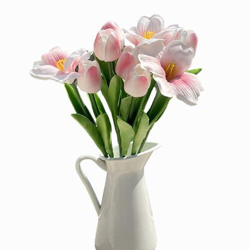 OHYER Tulipanes Artificiales de Seda con Tallos Tulipanes Artificiales Multicolor de látex de Tacto Real Tulipanes Falsos de látex de Tacto Real Kit de Ramo de Flores (10, Tulipán-Rosa)