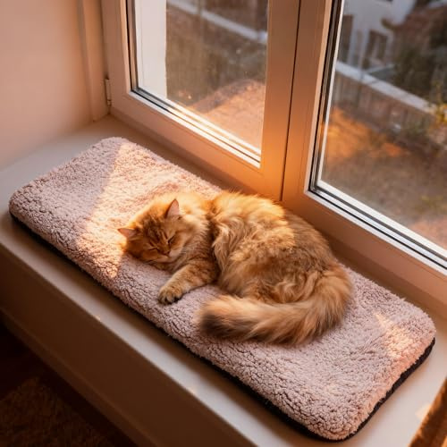 Pet Prime Cat Window Sill Mat with Removable Covers Noise-Free Foam, Breathable Mesh and Plush Fleece All-Season Cat Bed for Indoor Kitten Non-Slip 90x29cm