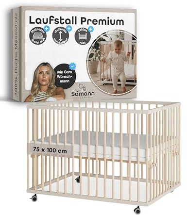 Sämann Laufstall Baby mit Lattenrost und Matratze SleepPlus | stufenlos höhenverstellbar | Laufgitter Premium | Babybett aus Holz | Krabbelgitter (sahara dust/natur, 75x100 cm)