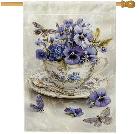 Bandiera da giardino viola del pensiero del pensiero, decorazione per esterni con tazza da tè floreale e farfalle, in iuta su entrambi i lati, per la decorazione del prato, 71 x 101 cm