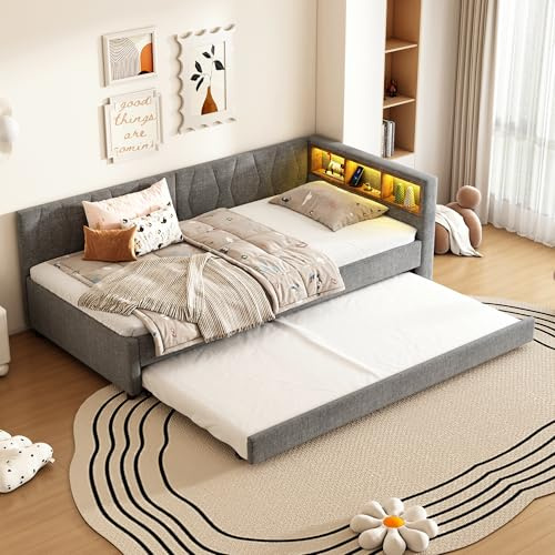 Lcoho Daybett,90x200cm, Tagesbett, Schlafsofa, Ablagefach am Bett, USB+Typ C, Mit LED-Lichtleiste, mit ausziehbarem Bett, mit Lattenrost (ohne Matratze), Leinen, Grau