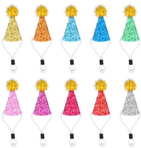 Qianyu 10 Pcs Mini Party Hats Animals Figures Toys Tiny Glitter Cone Birthday Party Hats Colorful Doll Decor Adjustable Cone Hat with Tinsel Pom Pom Kids Birthday Toppers Accessories for Stuffed