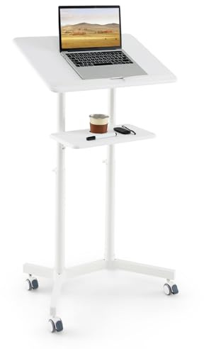COSTWAY mobiles Rednerpult, Stehpult höhenverstellbarer, Laptopwagen mit neigbarer Tischplatte, Ablagefach & Getränkehalter, Kanzelständer mit feststellbaren Rollen für Zuhause, Büro (Weiß)